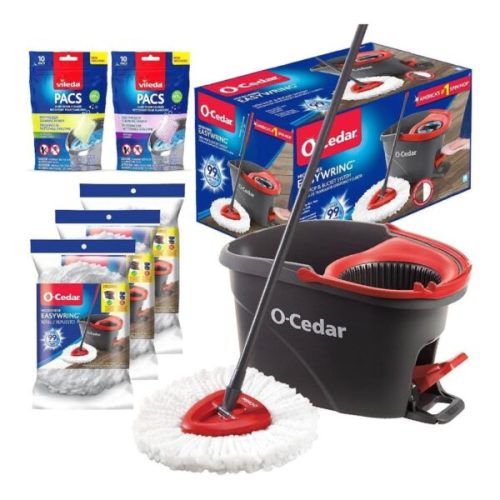 【Exclusive for new TK users】O-Cedar EasyWring Microfiber Spin Mop & Bucket Floor Cleaning System + 4 Extra Refills, Red/Gray