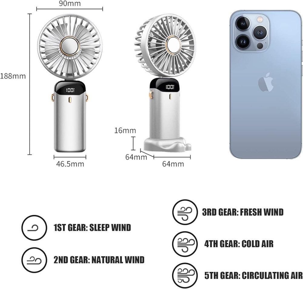 Jsdoin Hand Held Fan,Portable Handheld USB Rechargeable Fans with 5 Speeds,Battery Operated Mini Fan Foldable Desk Desktop Fans with LED Display for Home Office Bedroom Outdoor Travel (DarkBlue) - Image 11