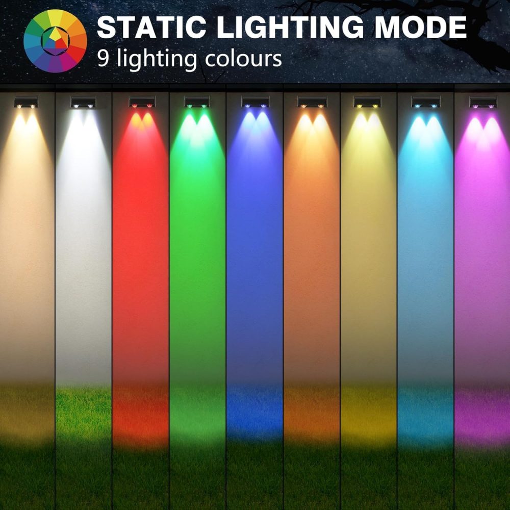 sununiny Solar Fence Lights Outdoor Garden,4 Pack Wall Lights Outdoor IP65 Waterproof,9 Colors 11 Modes RGB Garden Fence Lights Solar Powered for Outside Backyard,Pathway,Yard - Image 15