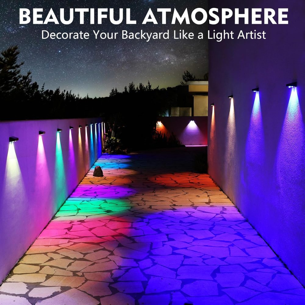 sununiny Solar Fence Lights Outdoor Garden,4 Pack Wall Lights Outdoor IP65 Waterproof,9 Colors 11 Modes RGB Garden Fence Lights Solar Powered for Outside Backyard,Pathway,Yard - Image 3