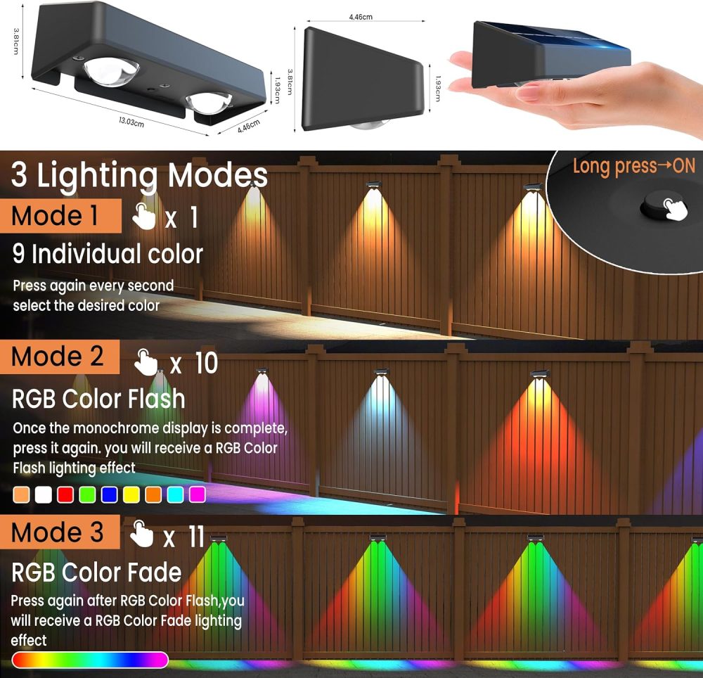 sununiny Solar Fence Lights Outdoor Garden,4 Pack Wall Lights Outdoor IP65 Waterproof,9 Colors 11 Modes RGB Garden Fence Lights Solar Powered for Outside Backyard,Pathway,Yard - Image 18