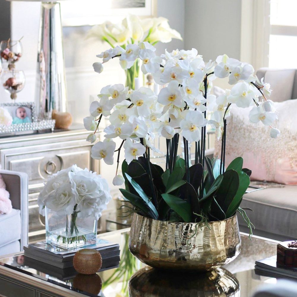 Phalaenopsis Orchids Floral Arrangement in Large Gold Planter - Image 12