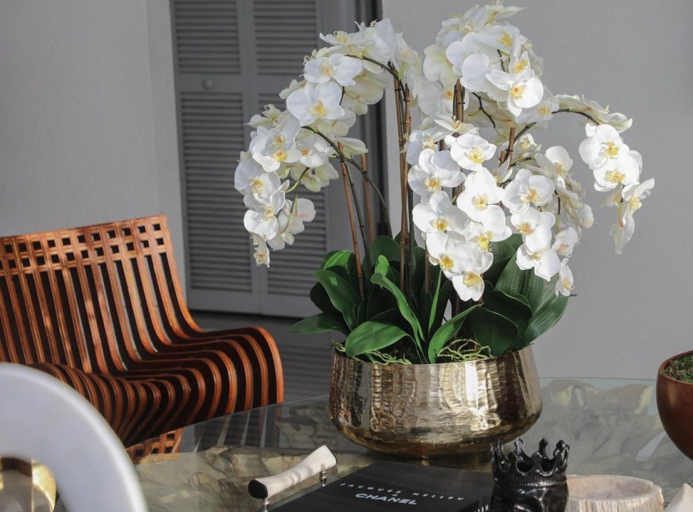 Phalaenopsis Orchids Floral Arrangement in Large Gold Planter - Image 3