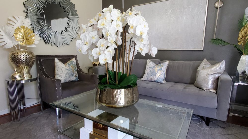 Phalaenopsis Orchids Floral Arrangement in Large Gold Planter - Image 8