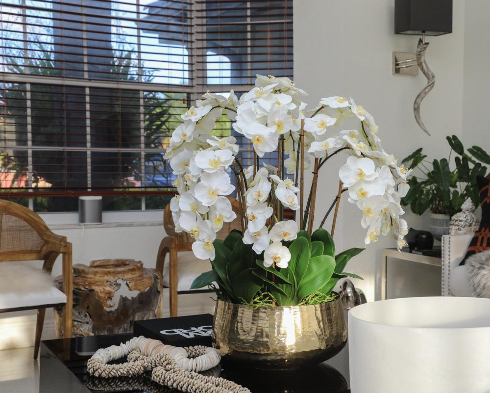 Phalaenopsis Orchids Floral Arrangement in Large Gold Planter - Image 7