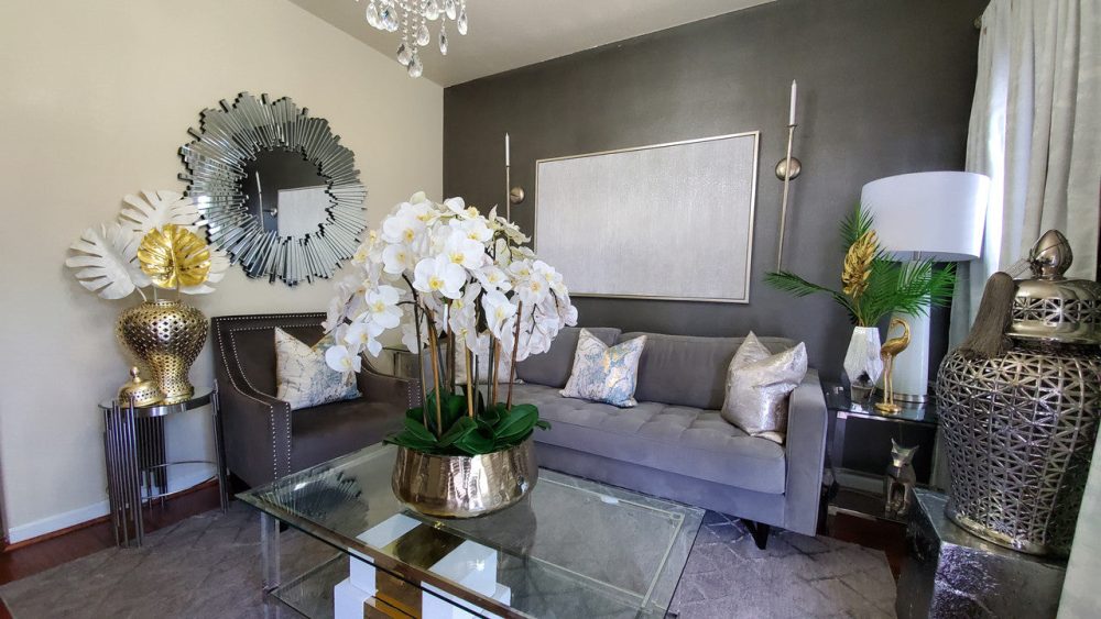 Phalaenopsis Orchids Floral Arrangement in Large Gold Planter - Image 9
