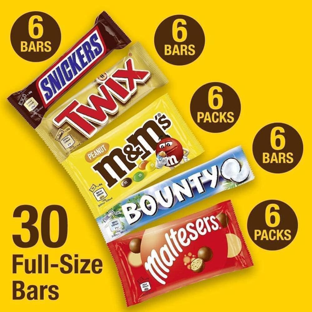 Mixed Bulk Chocolate Box, M&M's Peanuts, Snickers, Twix, Maltesers, Bounty, 1.4kg - 30 Full-Size- Milk Chocolate Bars & Bags, Ideal for Gift, Snacks, Hampers or Party Bags - Image 4