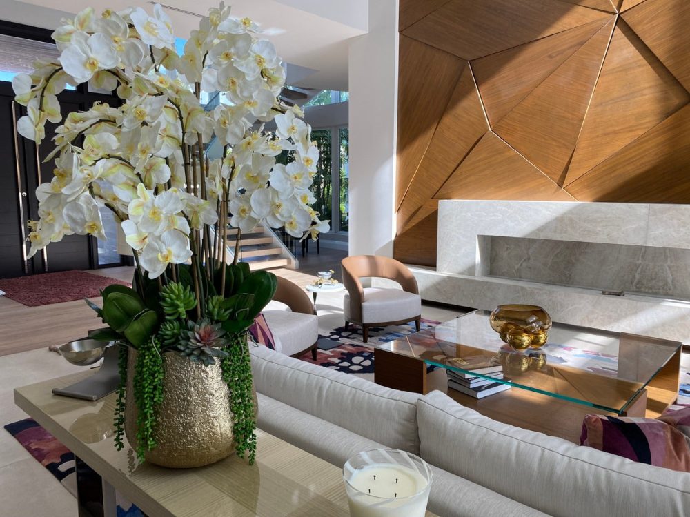 Delaney Gold Pot with Multiple Stems of Phalaenopsis Orchids and Succulents - Image 10