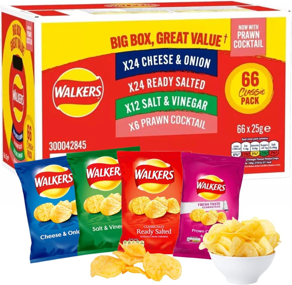 Crisps Variety Box | Pack of 66 x 25g - Big Box | Cheese & Onion, Ready Salted, Salt & Vinegar, Prawn Cocktail