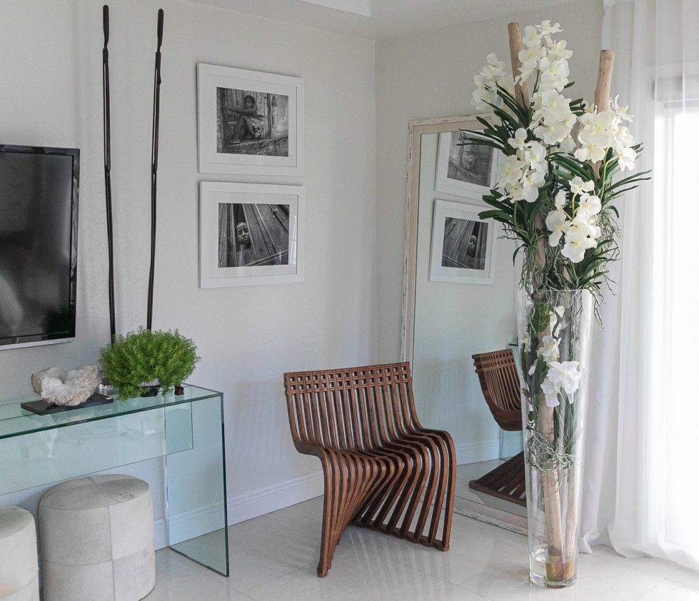 White Vanda Orchids And Driftwood Inside Oversized Tapered Glass Cylinder - Image 2