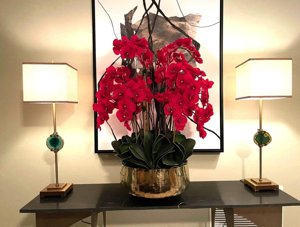 Red Phalaenopsis Orchids Floral Arrangement in Large Gold Planter - Image 13
