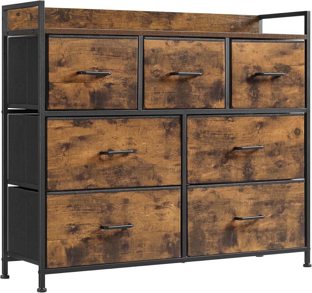 SONGMICS Chest of Drawers, Bedroom Cabinet, 7 Fabric Drawers with Handles, Metal Frame