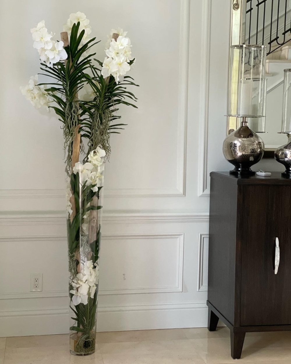 White Vanda Orchids And Driftwood Inside Oversized Tapered Glass Cylinder - Image 11