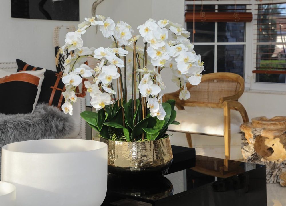 Phalaenopsis Orchids Floral Arrangement in Large Gold Planter - Image 4
