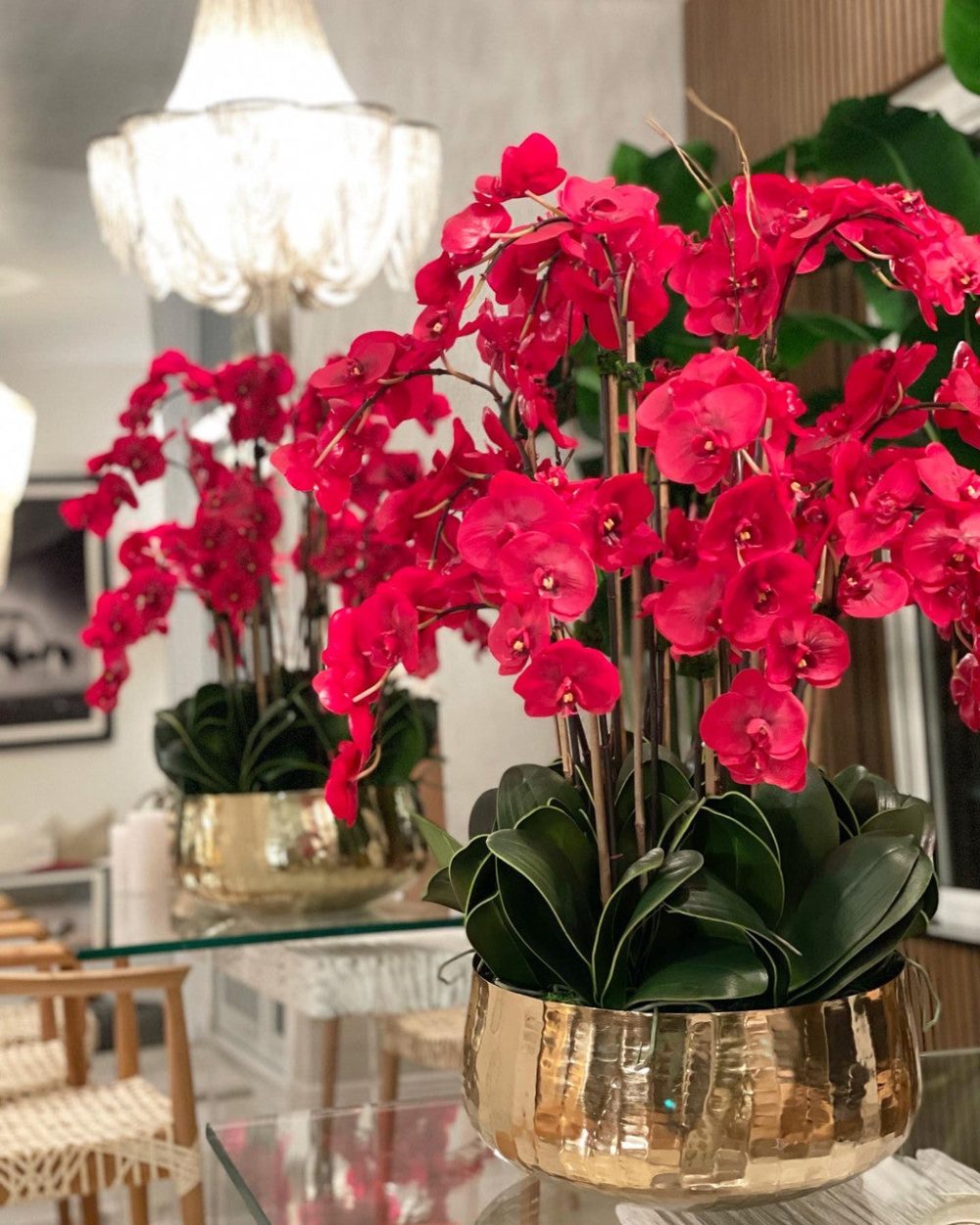 Red Phalaenopsis Orchids Floral Arrangement in Large Gold Planter - Image 3