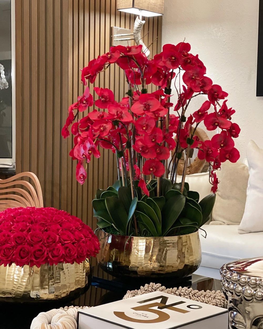 Red Phalaenopsis Orchids Floral Arrangement in Large Gold Planter - Image 5