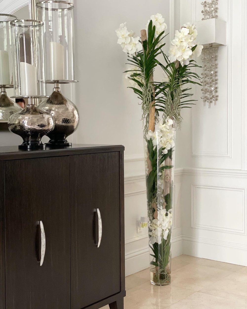 White Vanda Orchids And Driftwood Inside Oversized Tapered Glass Cylinder - Image 12