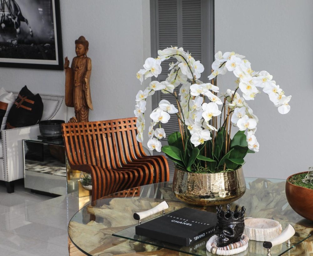 Phalaenopsis Orchids Floral Arrangement in Large Gold Planter - Image 2