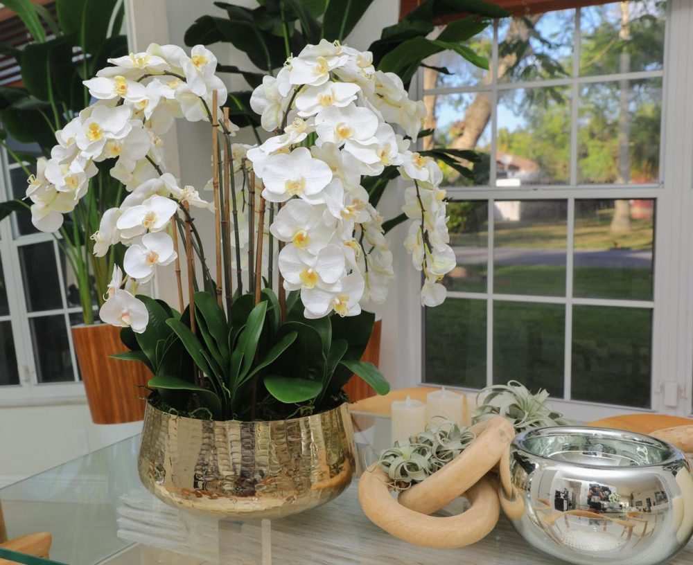 Phalaenopsis Orchids Floral Arrangement in Large Gold Planter - Image 6