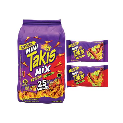 【2025 Hot Sale + Free Shipping】Takis 30.75 Ounces 25 Individual Snack Packs Hot Chili Pepper and Lime Artificially Flavored Mini Fuego and Nitro Rolled Tortilla Chips - 1.23 Ounces Each